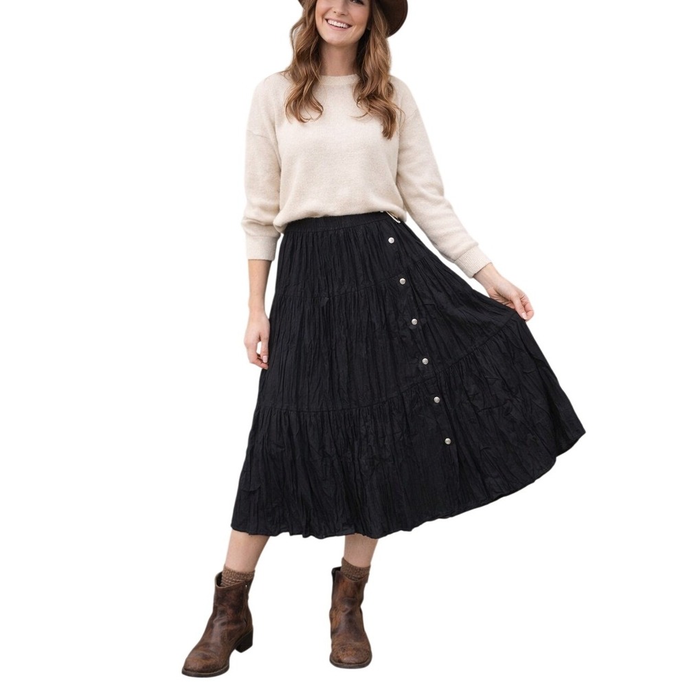 SOUTHWEST CANYON‎ Vintage Black Crinkle Midi Skirt Western Boho Size L
